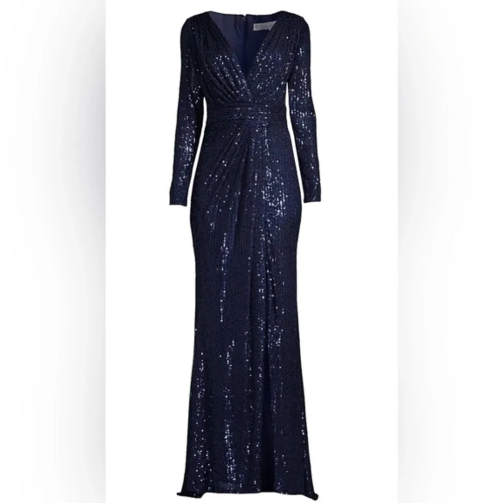 Mac Duggal Sequined long sleeve midi dress prom formal‎ midnight blue size 0